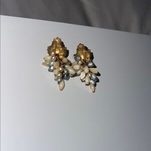 Vintage Gold leaves w Cream n baby blue Cluster Earrings
